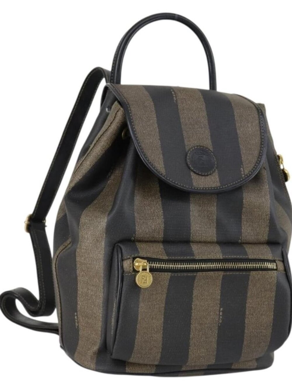 FENDI Pecan Canvas Backpack PVC Brown Black gold Auth 151065